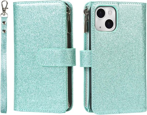 ETUI APPLE IPHONE 13 ZIELONE BŁYSZCZĄCE PORTFEL NA ZAMEK Z KLAPKĄ +SMYCZ