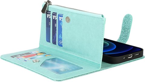 ETUI APPLE IPHONE 13 ZIELONE BŁYSZCZĄCE PORTFEL NA ZAMEK Z KLAPKĄ +SMYCZ