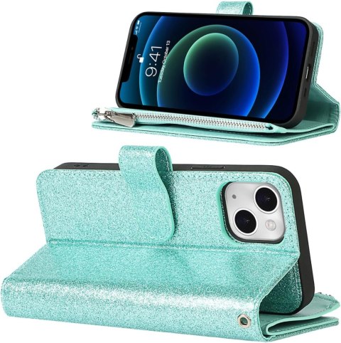 ETUI APPLE IPHONE 13 ZIELONE BŁYSZCZĄCE PORTFEL NA ZAMEK Z KLAPKĄ +SMYCZ