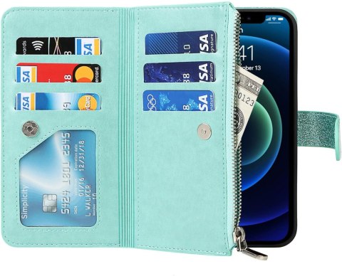 ETUI APPLE IPHONE 13 ZIELONE BŁYSZCZĄCE PORTFEL NA ZAMEK Z KLAPKĄ +SMYCZ