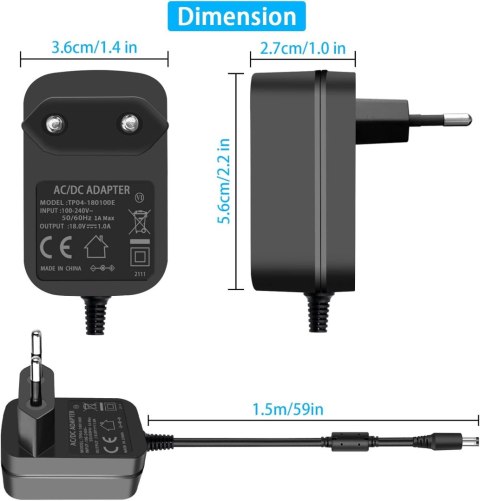 ZASILACZ ŁADOWARKA UNIWERSALNA 18V 1A DC 5,5x2.1mm WENTYLATOR GŁOŚNIK RADIO