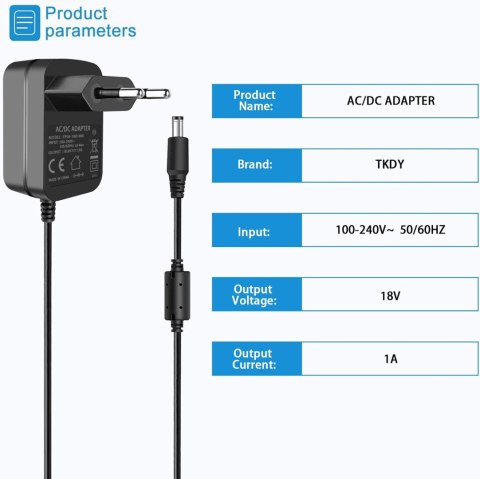 ZASILACZ ŁADOWARKA UNIWERSALNA 18V 1A DC 5,5x2.1mm WENTYLATOR GŁOŚNIK RADIO